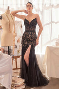 Black sequin mermaid gown with sweetheart neckline and front slit