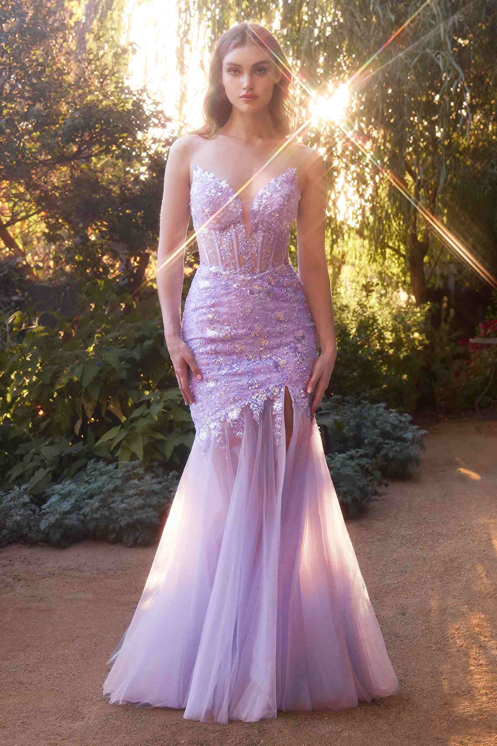 Lilac sequin mermaid gown with V-neck and ruffled tulle skirt