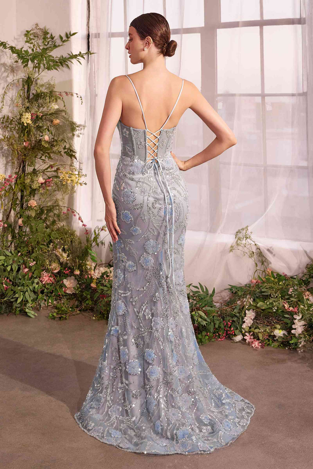 Metallic floral mermaid gown, low back with thin straps, blue sequin