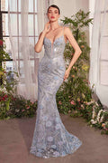 Metallic floral mermaid gown with sweetheart neckline and spaghetti straps, blue sequin