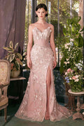 Blush pink sheer corset gown with embroidered lace appliqués and front slit