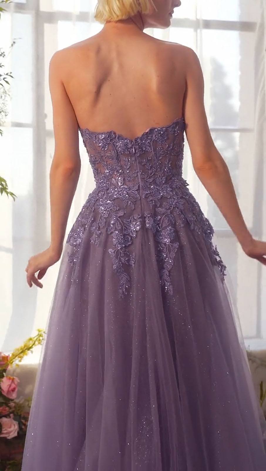 Lilac strapless A-line gown with corset back and sparkling textured bodice