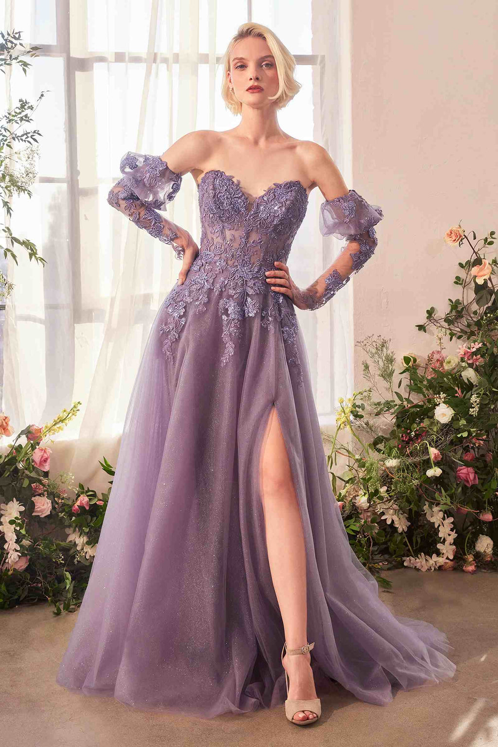 Lilac strapless A-line gown with sparkling bodice and removable sheer sleeves