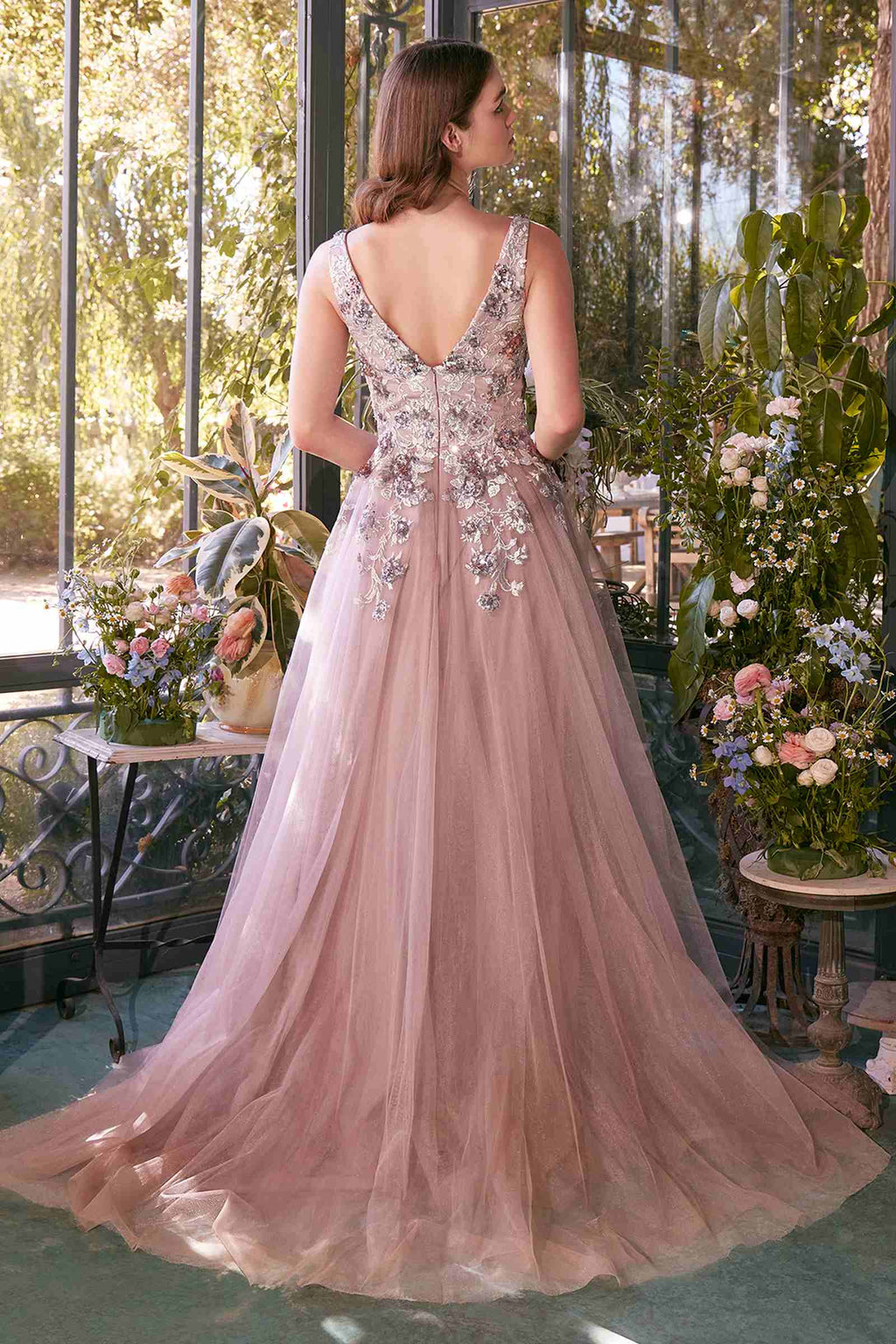 Dusty mauve sequin sleeveless gown with V-back, floral bodice appliqué, and full tulle skirt