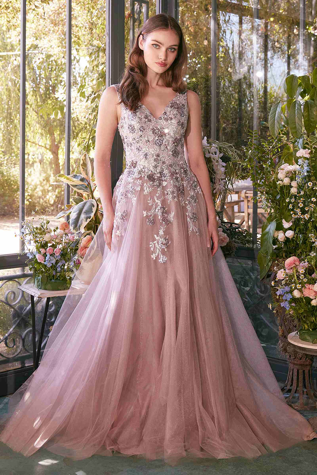 Dusty mauve sequin V-neck sleeveless gown with floral appliqué and flowing tulle skirt