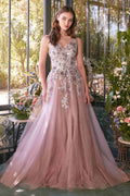 Dusty mauve sequin V-neck sleeveless gown with floral appliqué and flowing tulle skirt