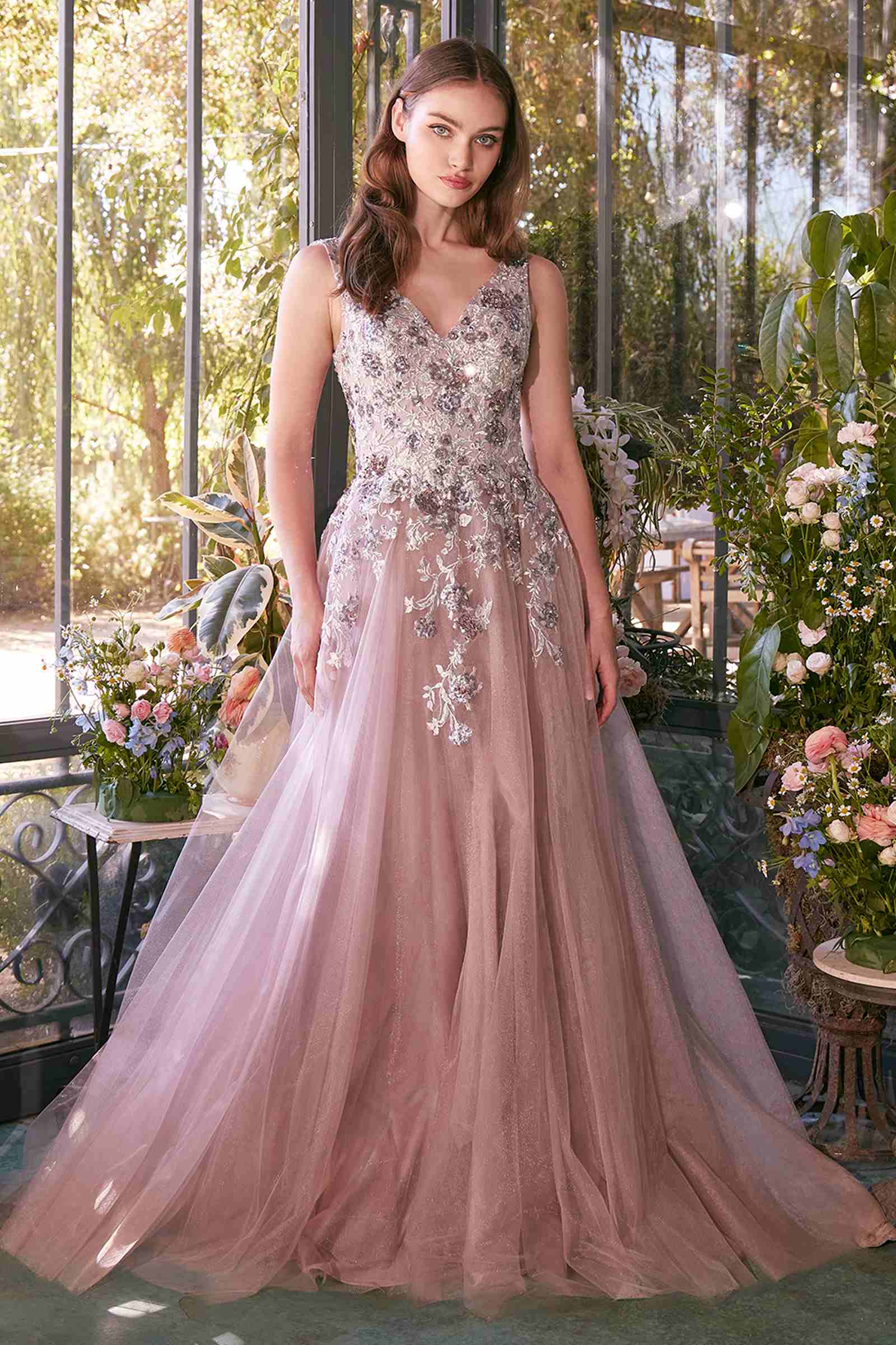Dusty mauve sequin V-neck sleeveless gown with floral appliqué and flowing tulle skirt