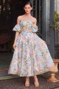 Floral print strapless A-line tea-length dress with off-shoulder puff sleeves