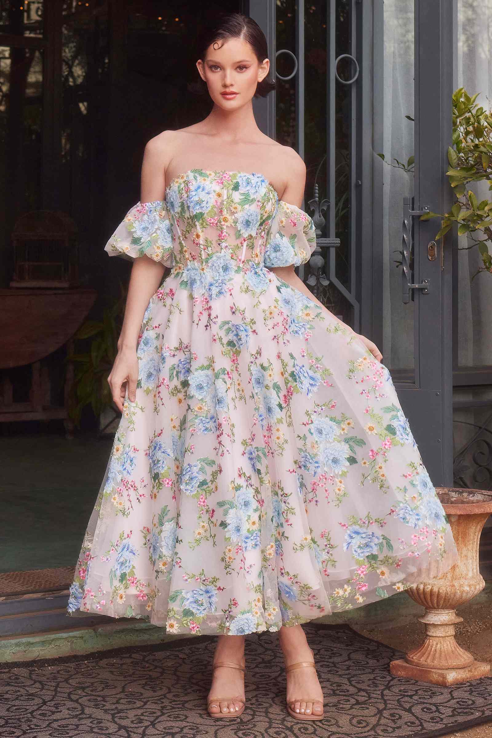 Floral print strapless A-line tea-length dress with off-shoulder puff sleeves