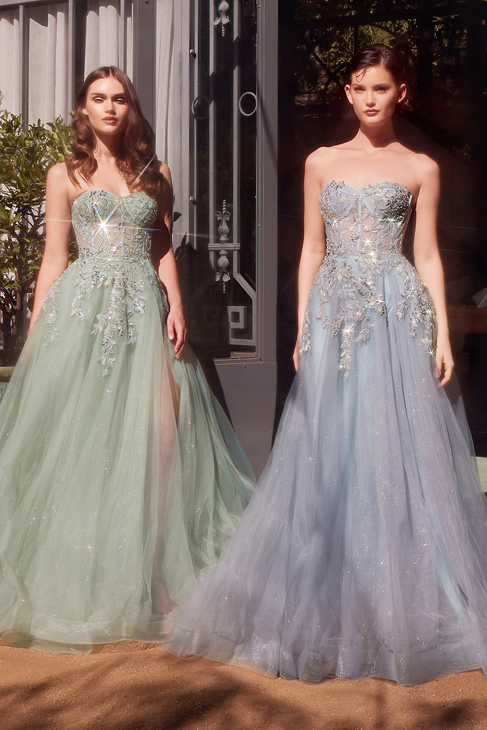 Strapless corset ball gowns in sage green and smokey blue with jeweled bodices and tulle skirts
