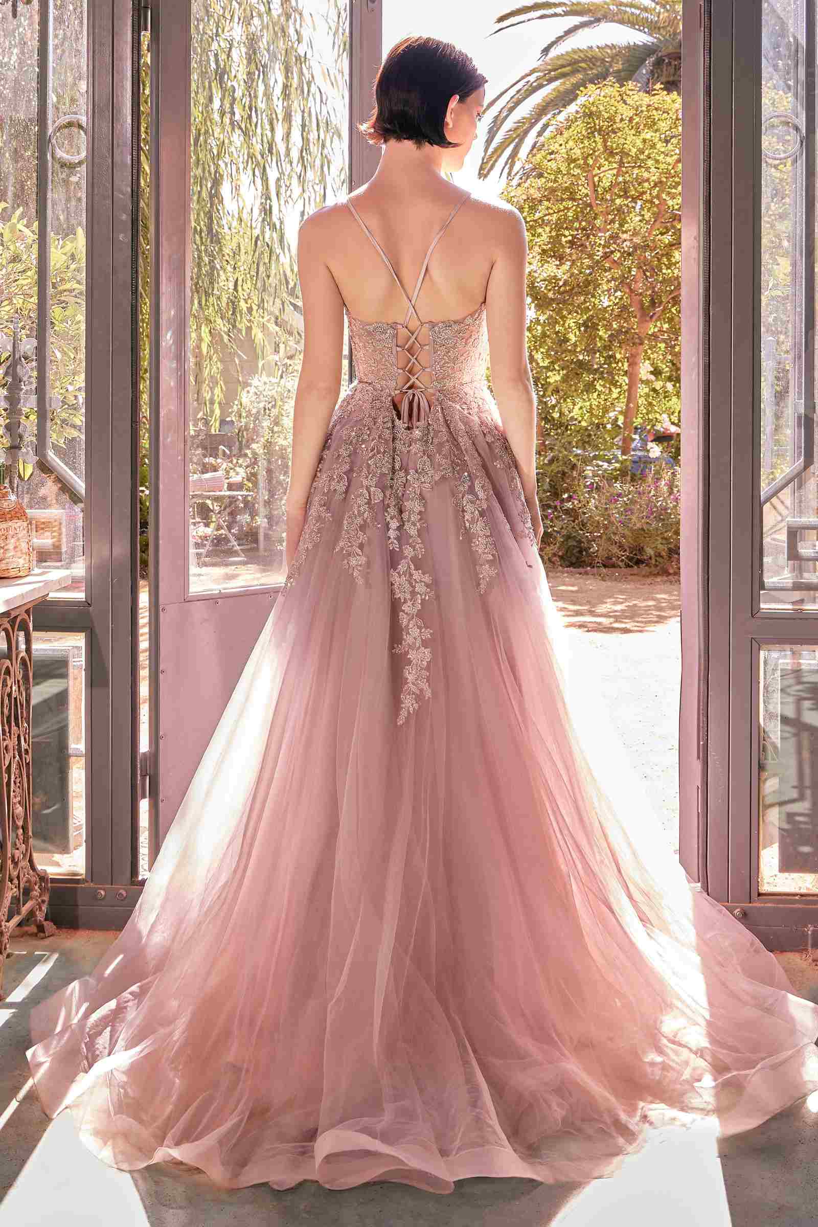 Dusty rose A-line lace and tulle gown, open back with thin straps