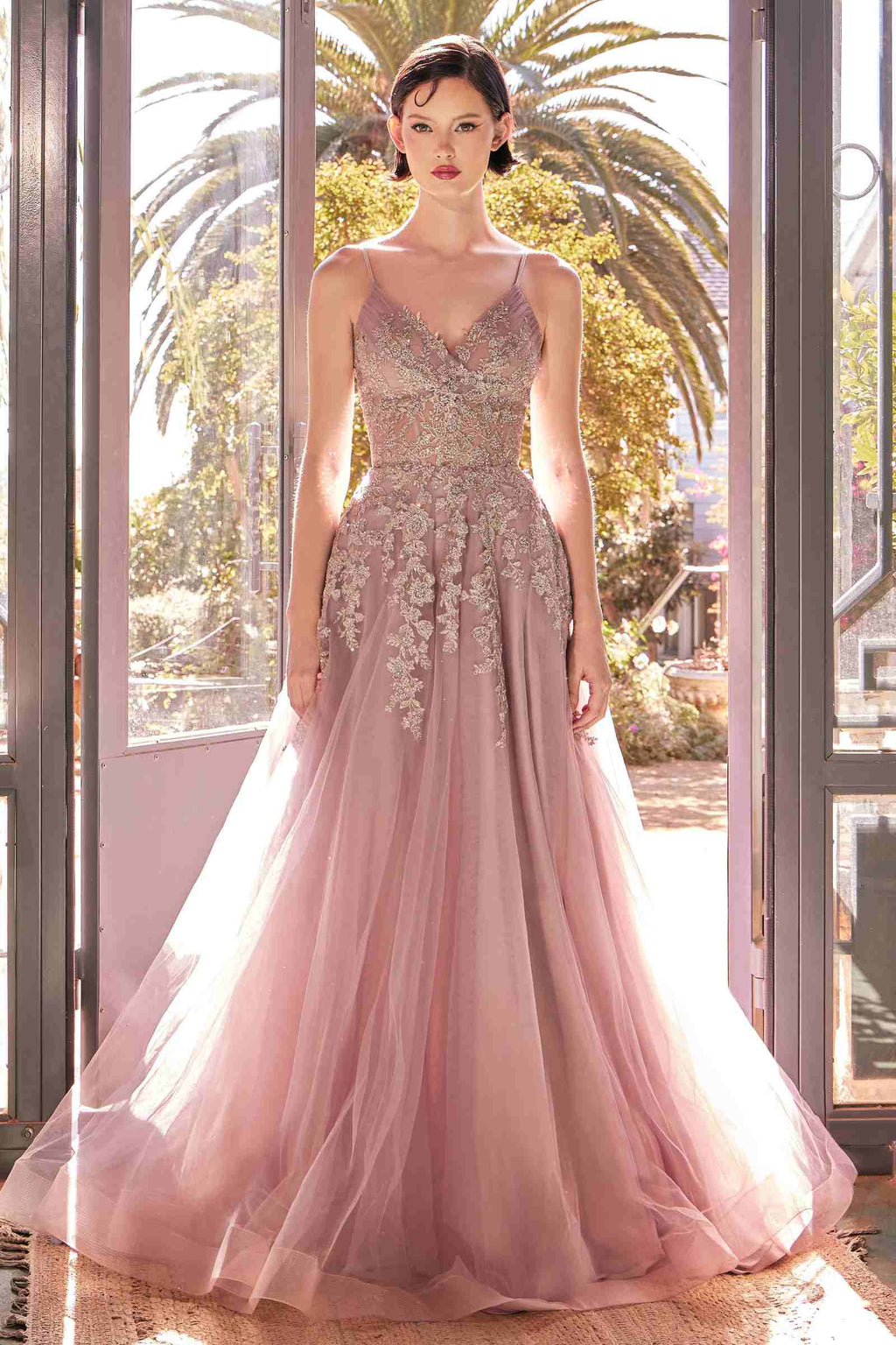 Dusty rose A-line lace and tulle gown with V-neck and fitted bodice