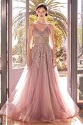 Dusty rose A-line lace and tulle gown with V-neck and fitted bodice