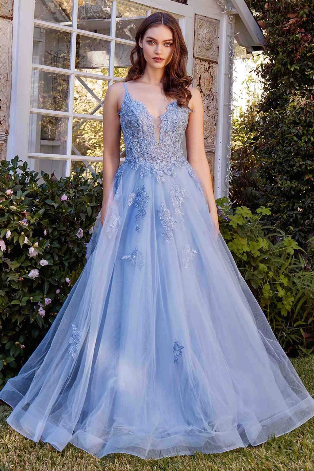 Powder blue A-line lace appliqued tulle gown with V-neck bodice and layered skirt