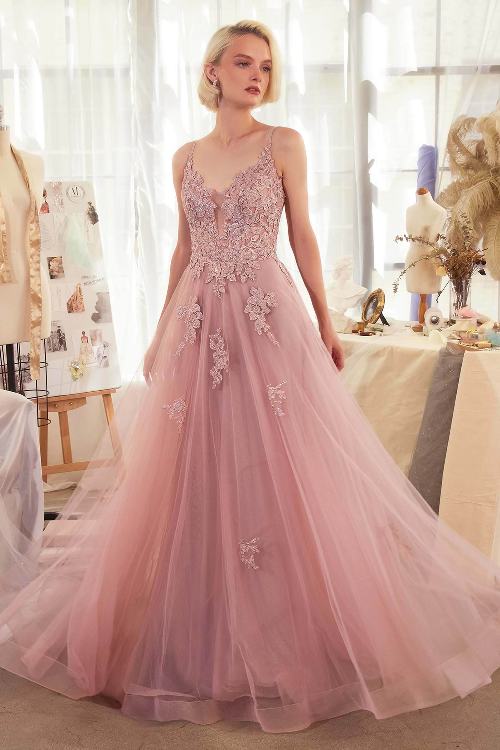 Blush pink A-line lace appliqued tulle gown with V-neck and embroidered skirt