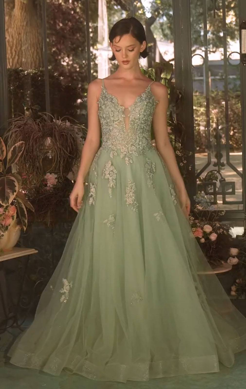 Sage green A-line lace appliqued tulle gown with V-neck and layered skirt