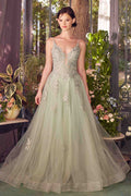 Sage green A-line lace appliqued tulle gown with V-neck and spaghetti straps