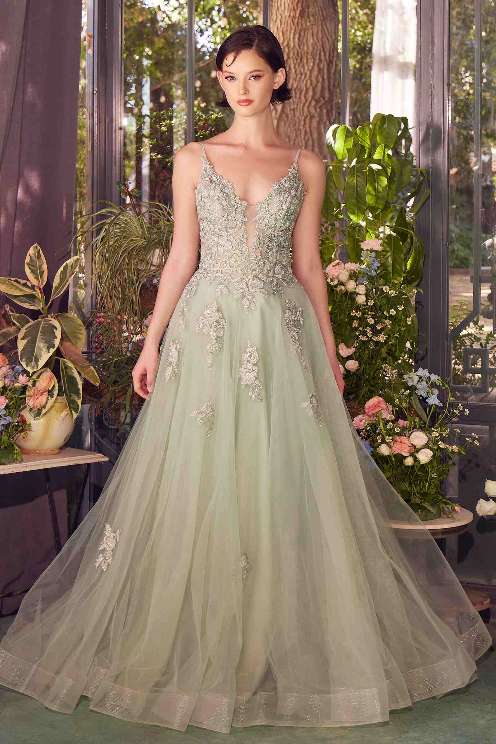 Sage green A-line lace appliqued tulle gown with V-neck and spaghetti straps