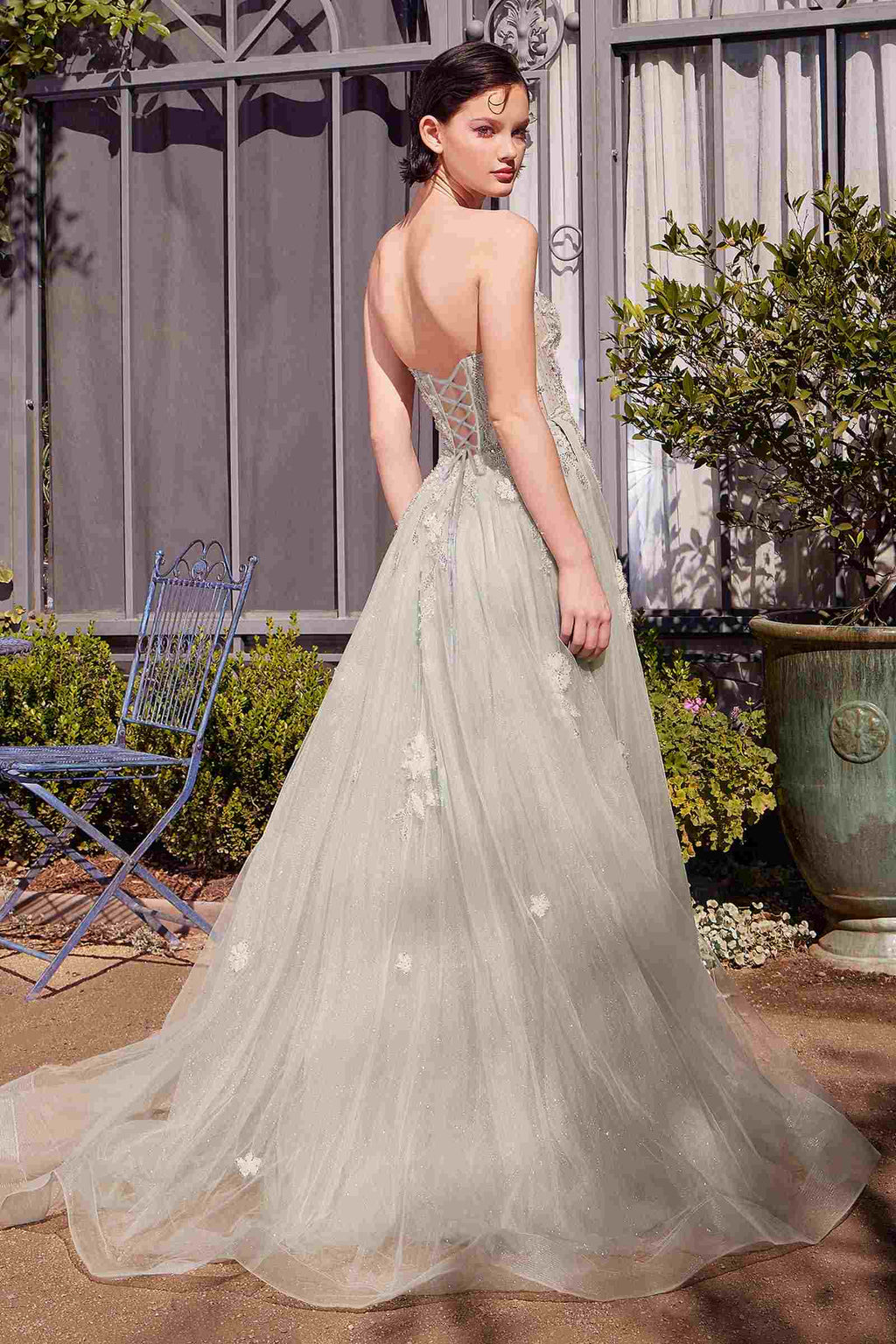 Sage green lace A-line gown with thin back straps and full tulle skirt