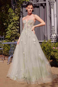 Sage green strapless A-line ball gown with lace bodice and tulle skirt