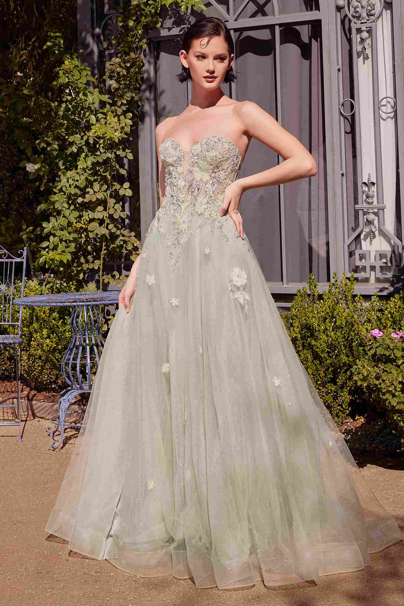Sage green strapless A-line ball gown with lace bodice and tulle skirt