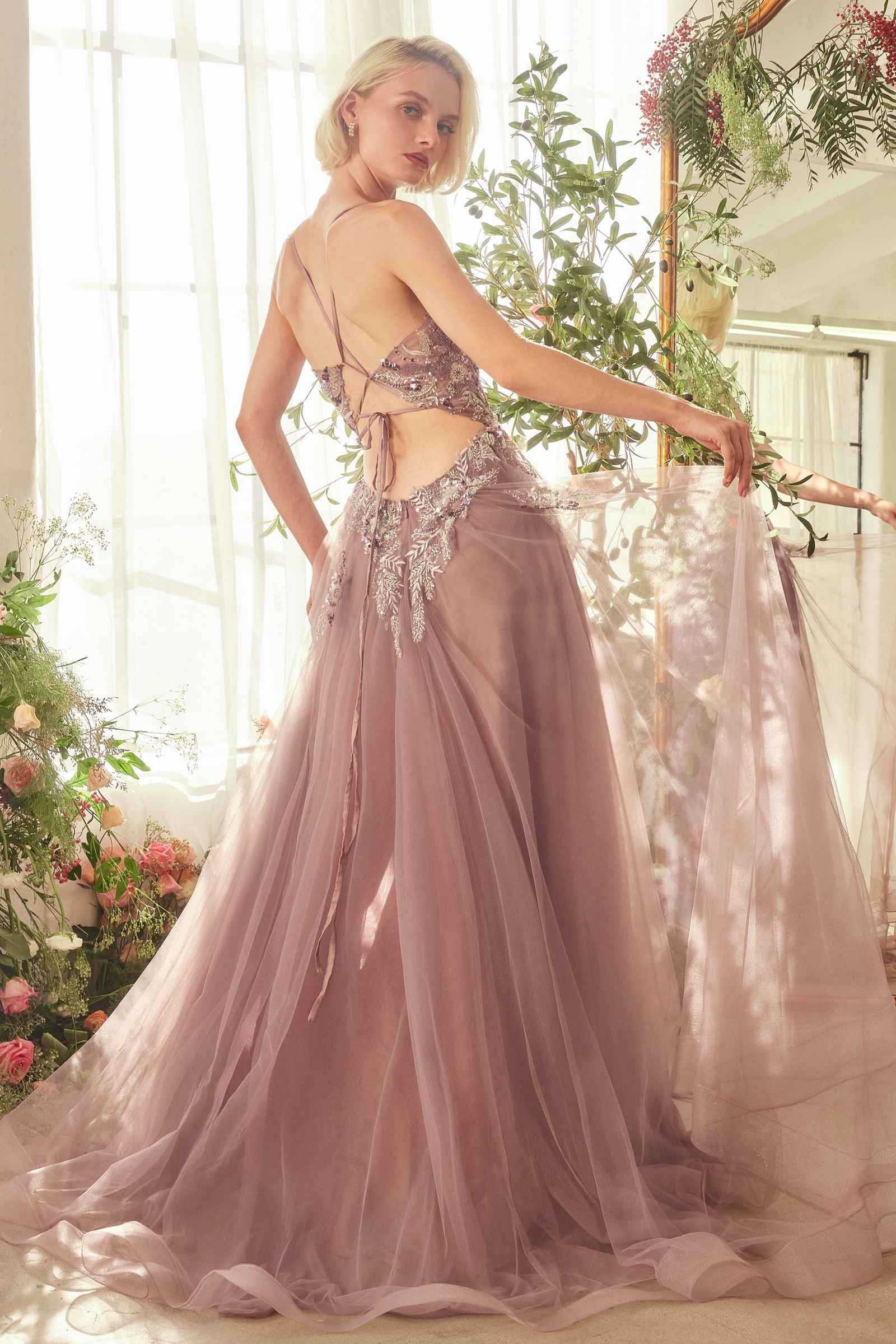 Purple tulle A-line gown, lace bodice and spaghetti straps, draped layered skirt