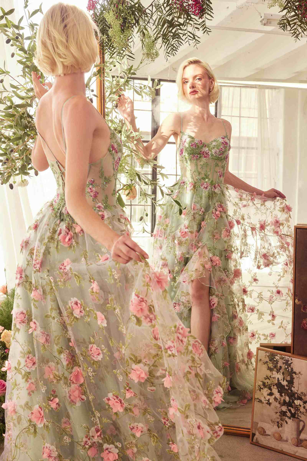 Floral sage A-line dress with tiered ruffle skirt and fitted corset bodice