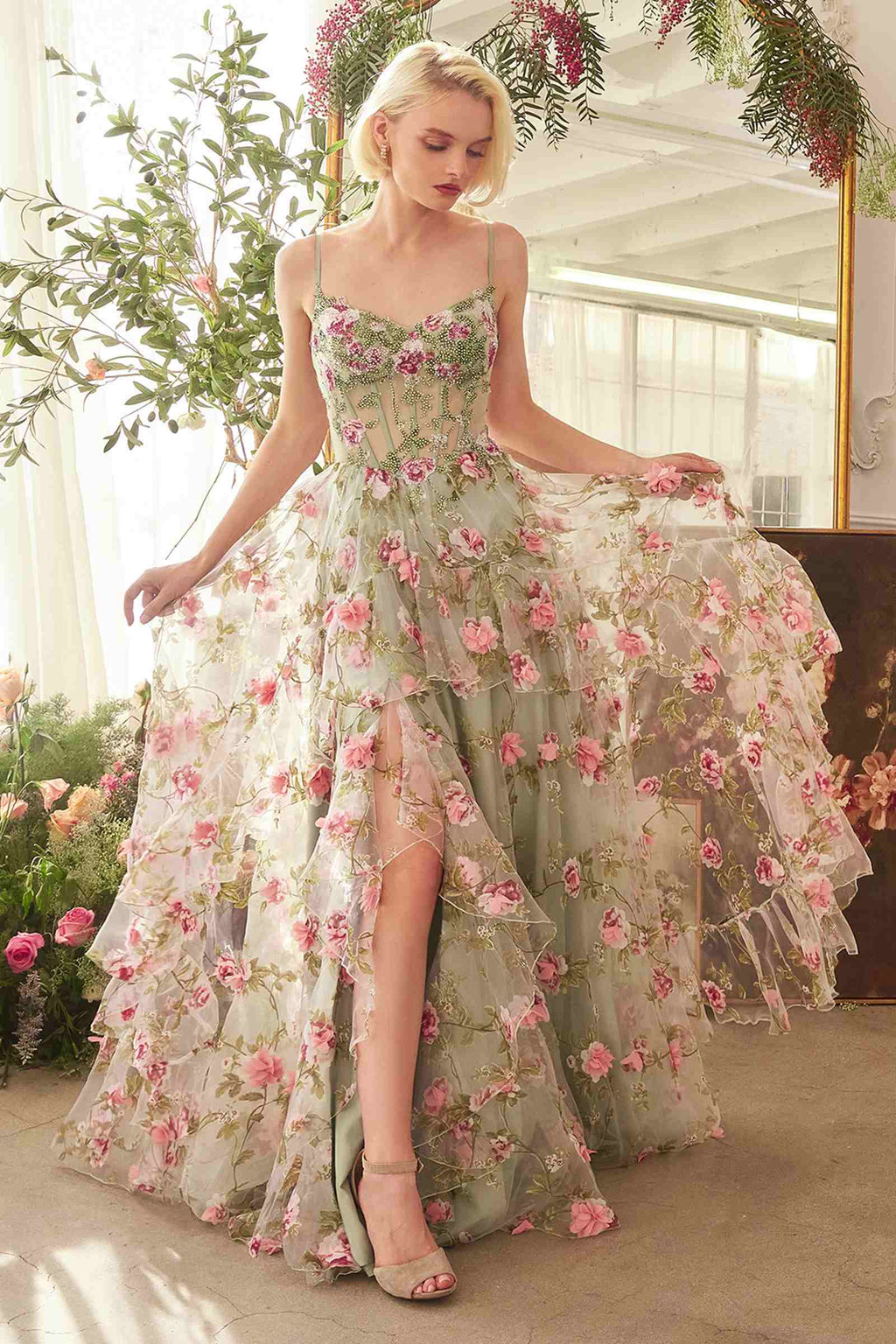 Sage floral A-line dress with layered skirt, sweetheart neckline, and spaghetti straps
