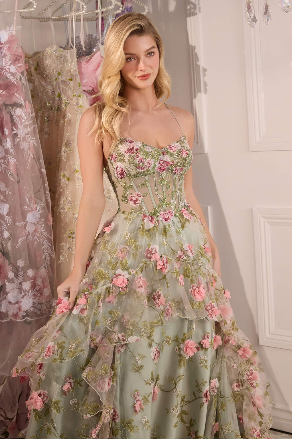 Floral sage A-line gown with corset-style bodice and tiered ruffle skirt