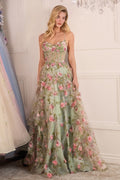 Floral sage A-line gown with spaghetti straps and layered tiered skirt
