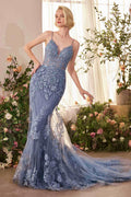 Dusty blue beaded lace mermaid gown with floral embroidery, V-neck and thin straps