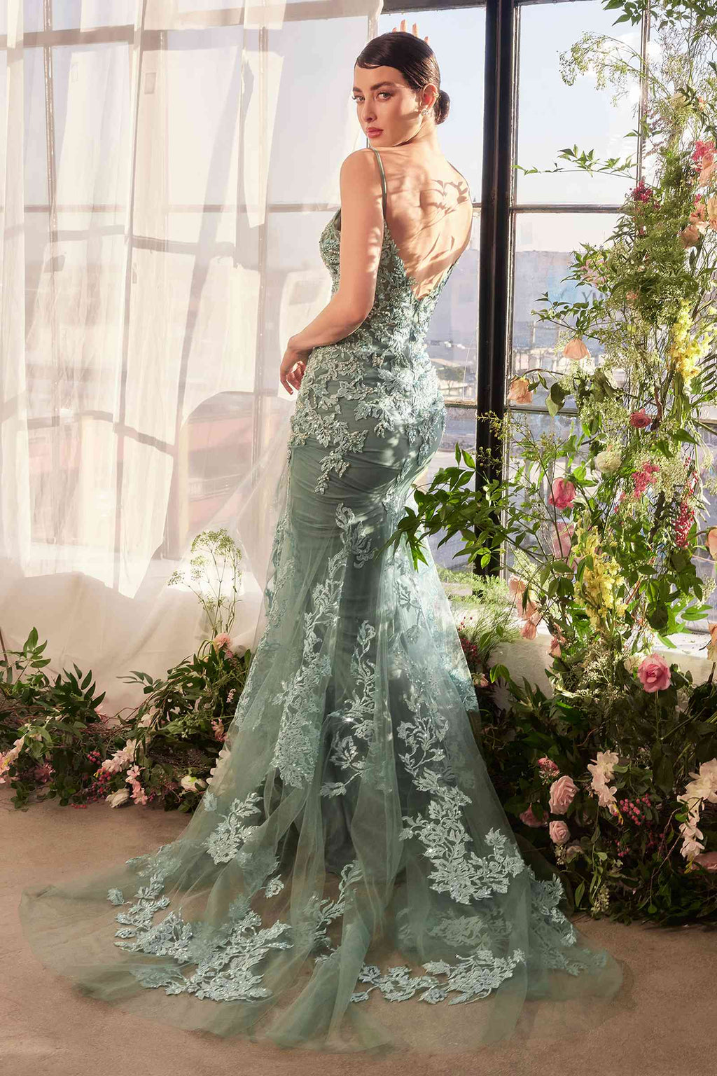 Sage green beaded lace mermaid gown with floral embroidery, fitted bodice and long skirt