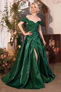 Off-shoulder organza ball gown in emerald green, corset bodice, full skirt with slit