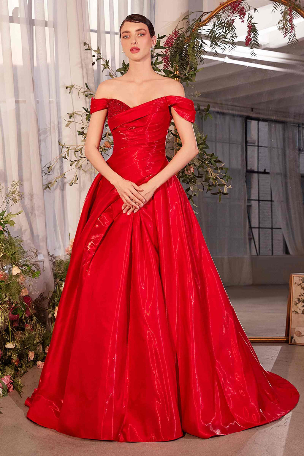 Off-shoulder organza ball gown in red, fitted corset bodice, full skirt
