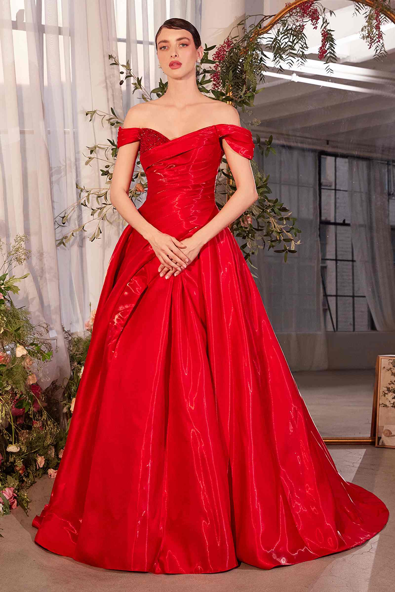 Off-shoulder organza ball gown in red, fitted corset bodice, full skirt