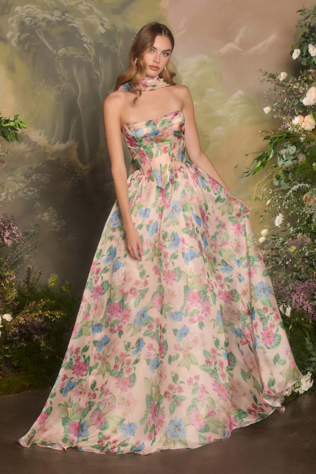 Strapless pastel floral A-line corset gown with sweetheart neckline and flowing skirt