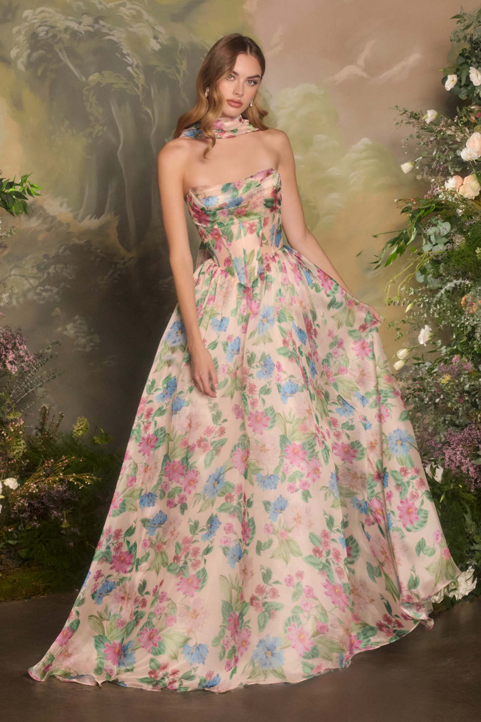 Strapless pastel floral A-line corset gown with sweetheart neckline and flowing skirt
