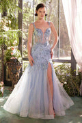 Light blue sequin mermaid gown with lace appliques, sweetheart bodice, thin straps