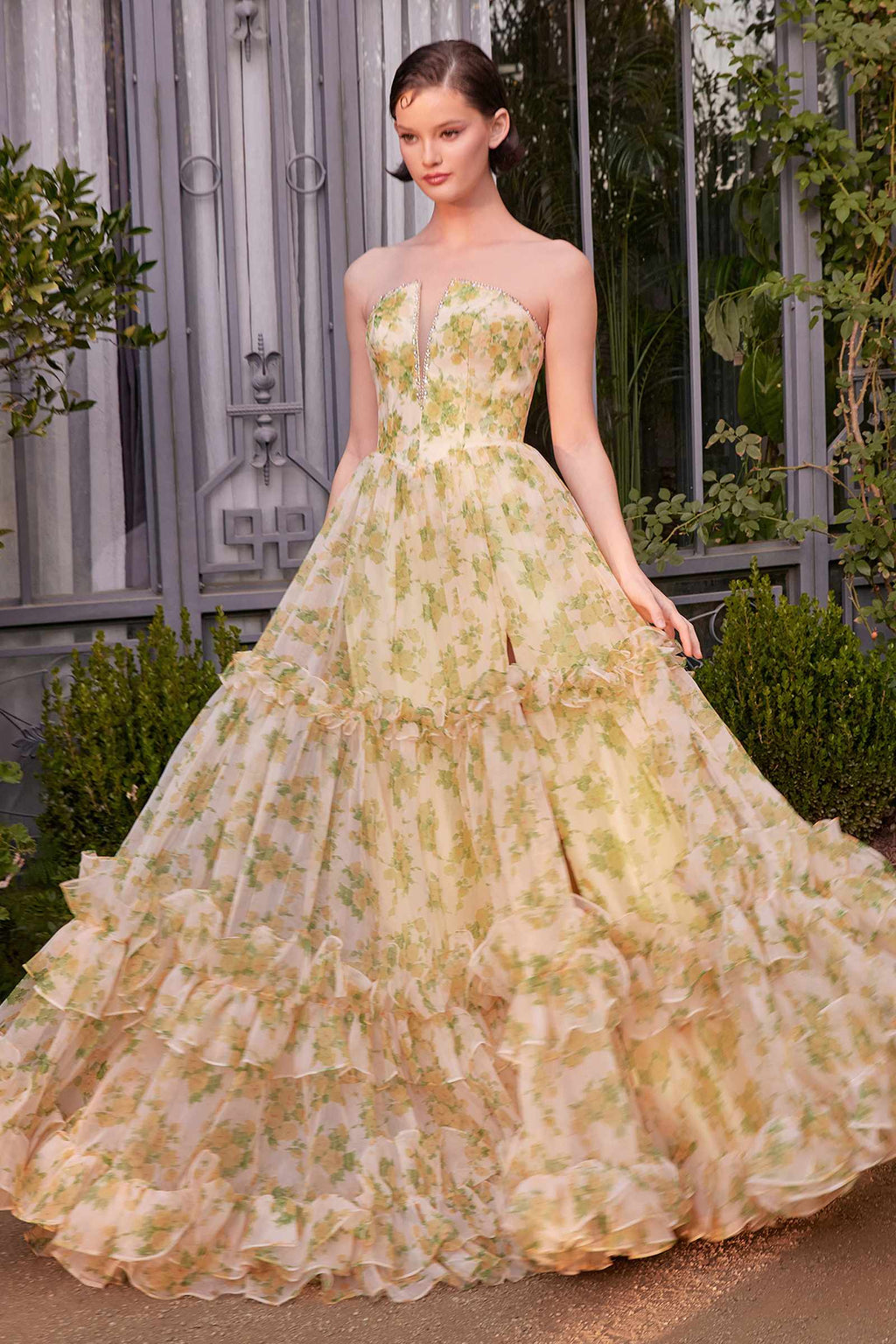 Yellow strapless floral ball gown with layered ruffles and voluminous tiered skirt