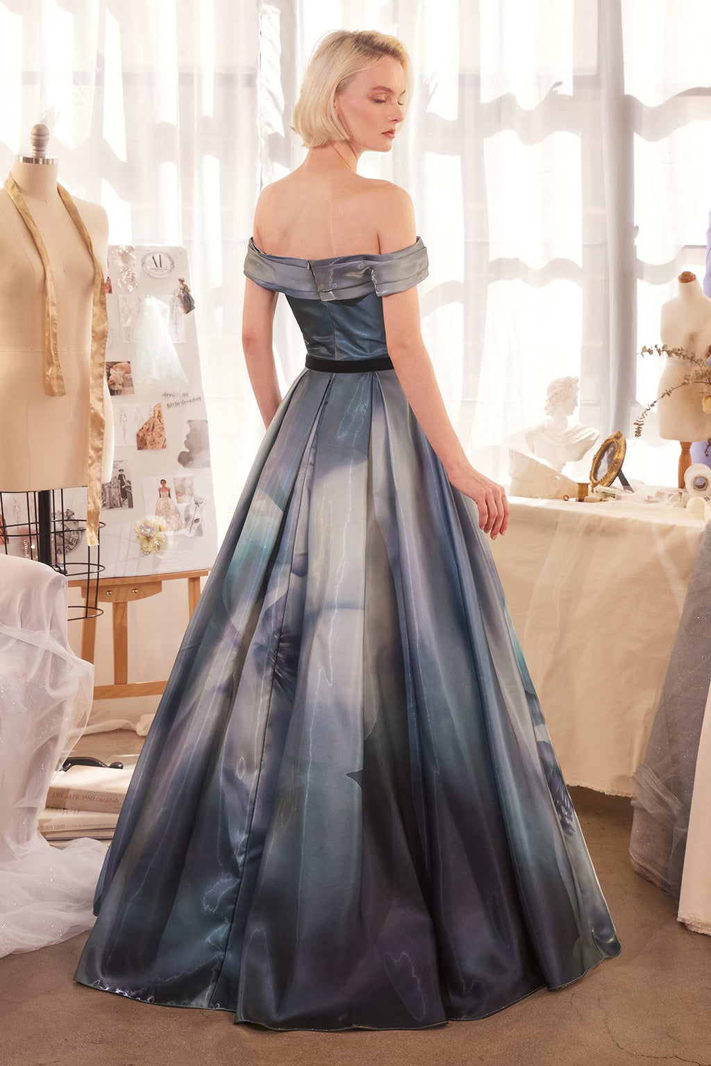 Off-shoulder satin ball gown, midnight blue, off-shoulder neckline, full skirt