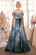 Off-shoulder satin ball gown, midnight blue, draped neckline, full skirt