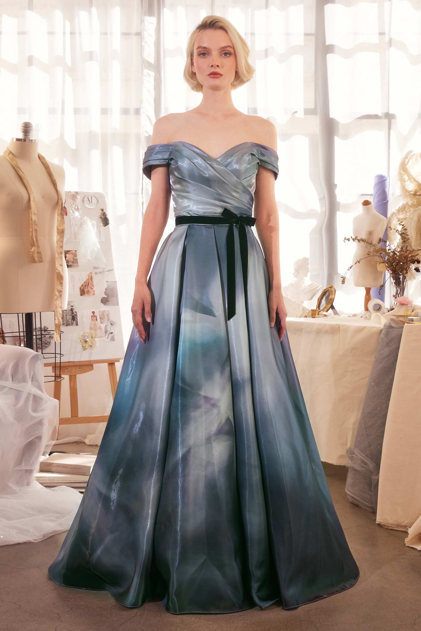 Off-shoulder satin ball gown, midnight blue, draped neckline, full skirt