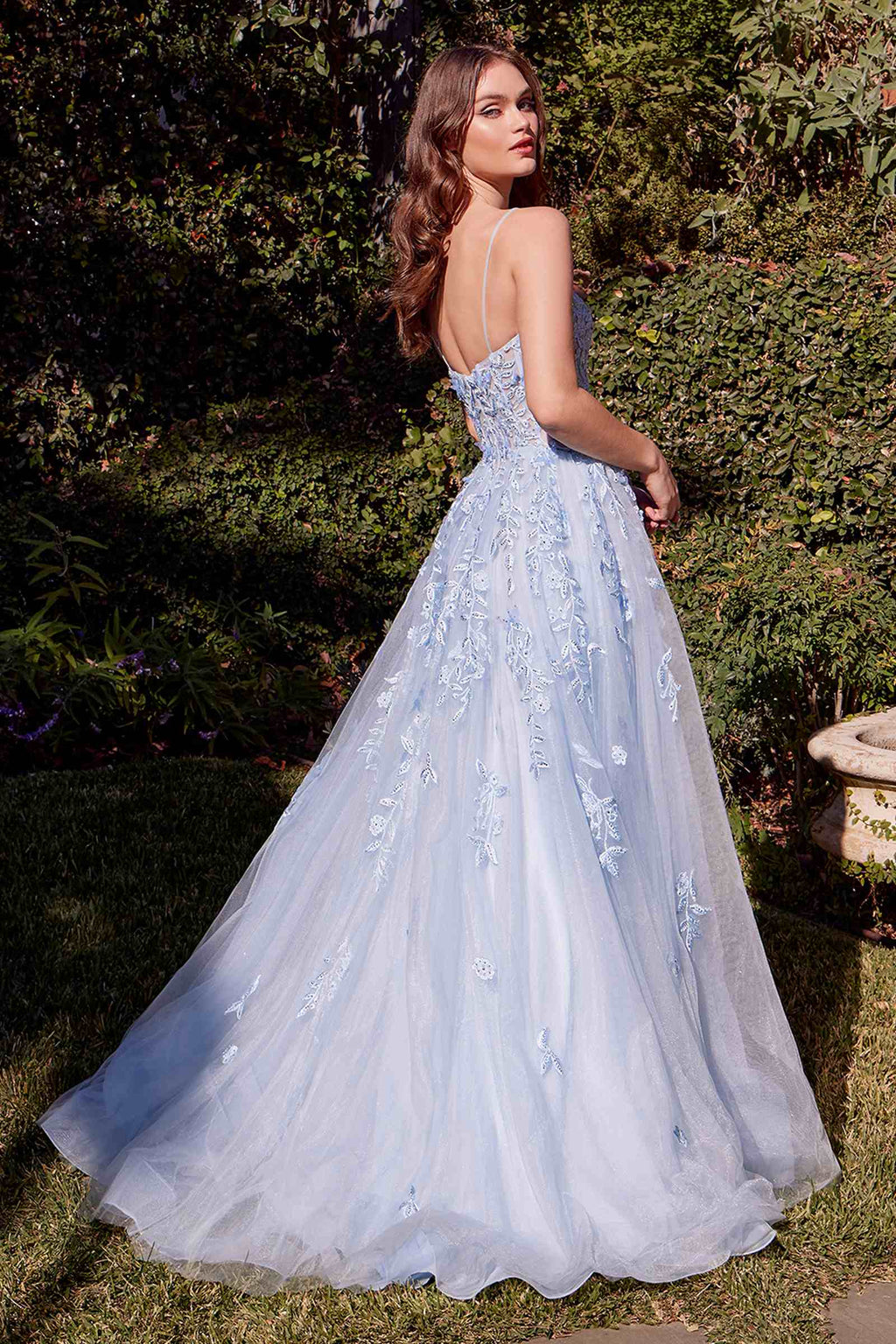 Light blue A-line appliqué gown with leaf motif, low back, spaghetti straps, tulle skirt