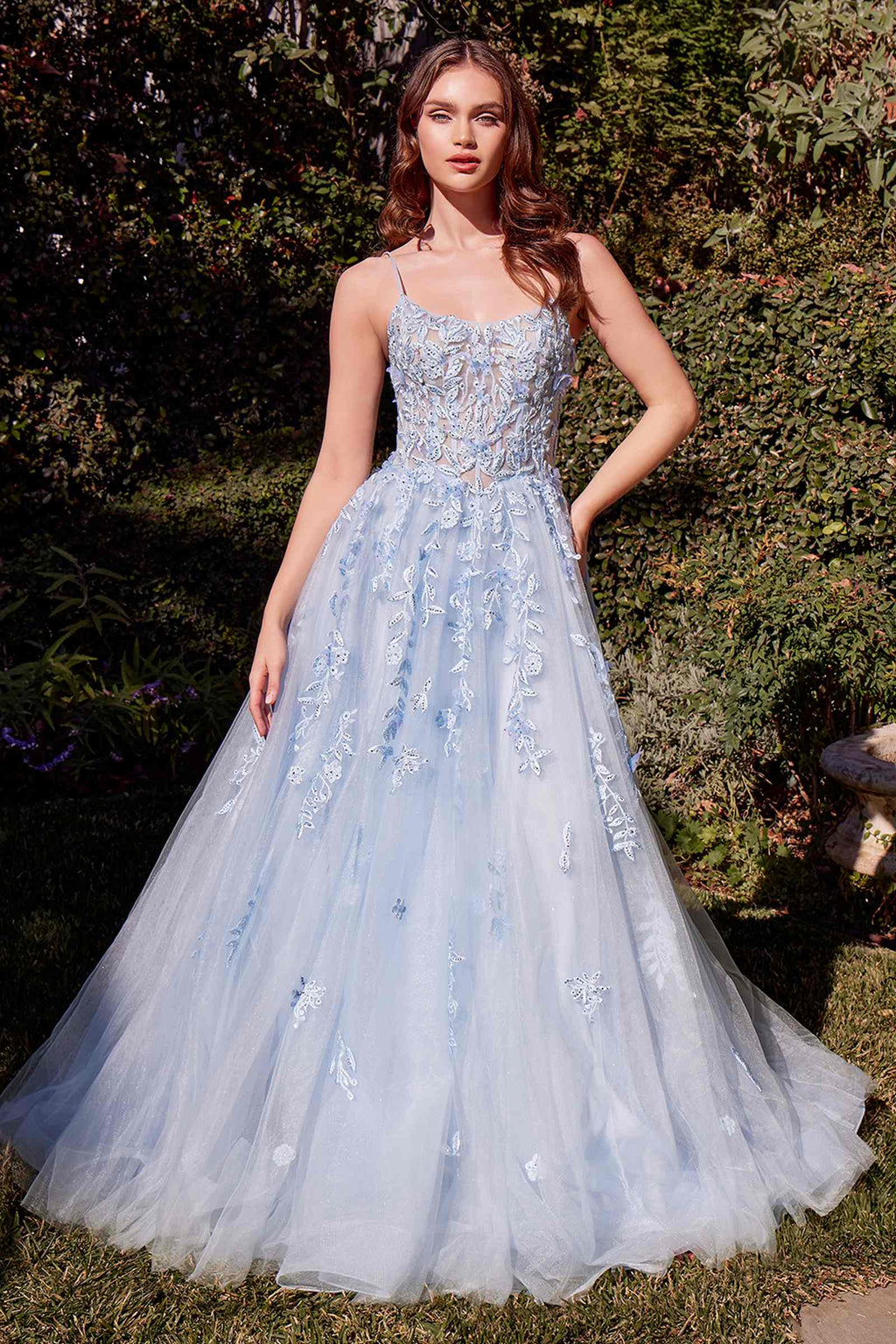 Light blue A-line appliqué gown with leaf motif, spaghetti straps, full tulle skirt