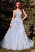 Light blue A-line appliqué gown with leaf motif, spaghetti straps, full tulle skirt