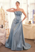 Pleated origami satin gown, strapless sweetheart bodice, smokey blue