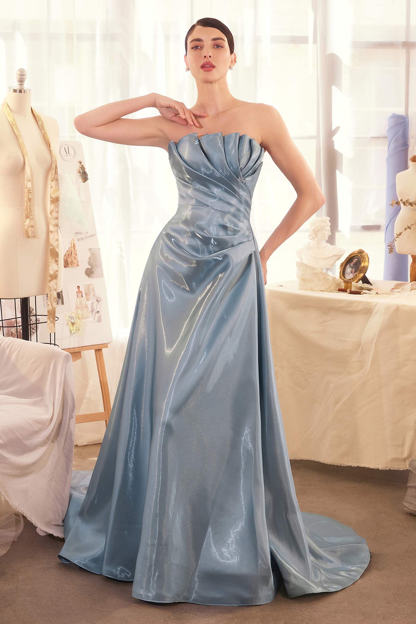 Pleated origami satin gown, strapless sweetheart bodice, smokey blue