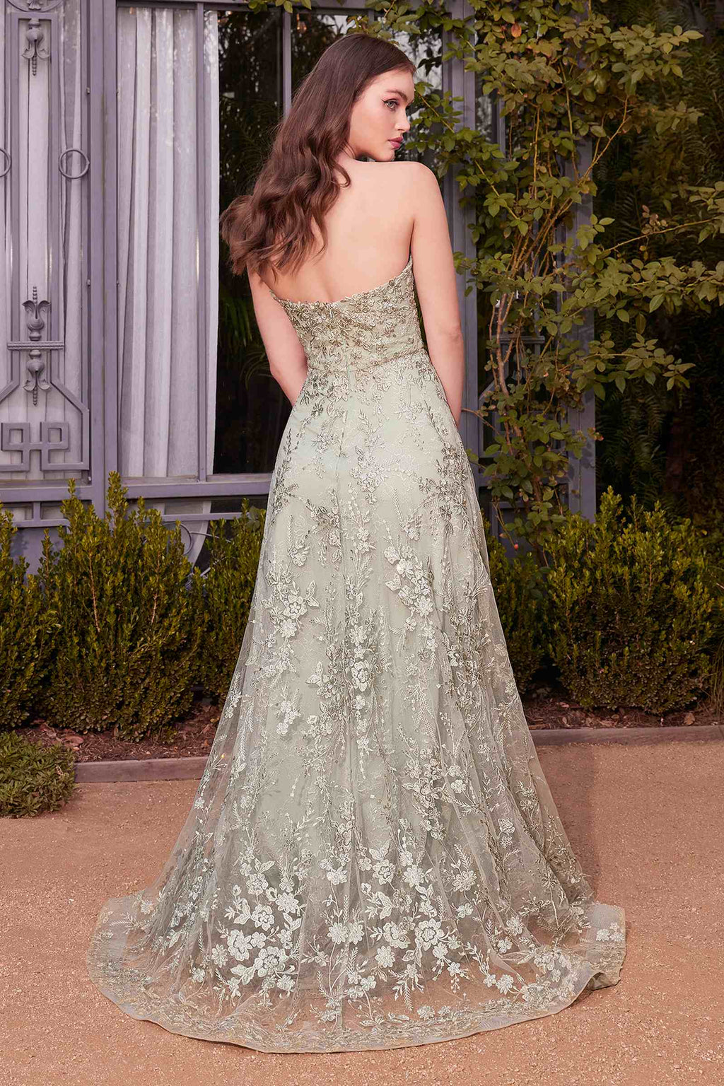 Sage green floral lace backless gown with spaghetti straps and full skirt