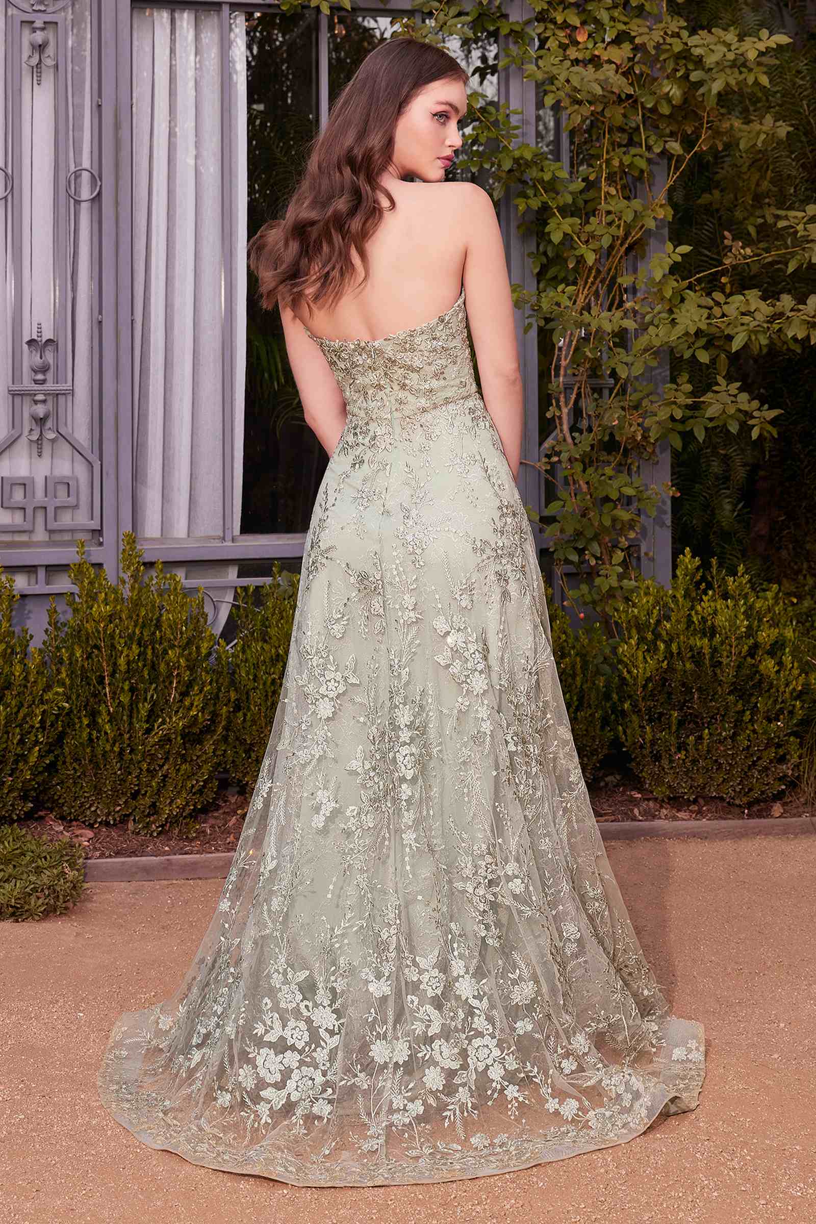 Sage green floral lace backless gown with spaghetti straps and full skirt