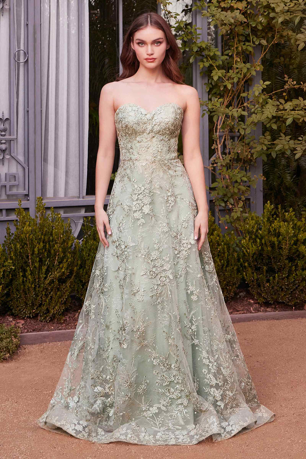 Sage green floral lace strapless gown with fitted bodice and full skirt